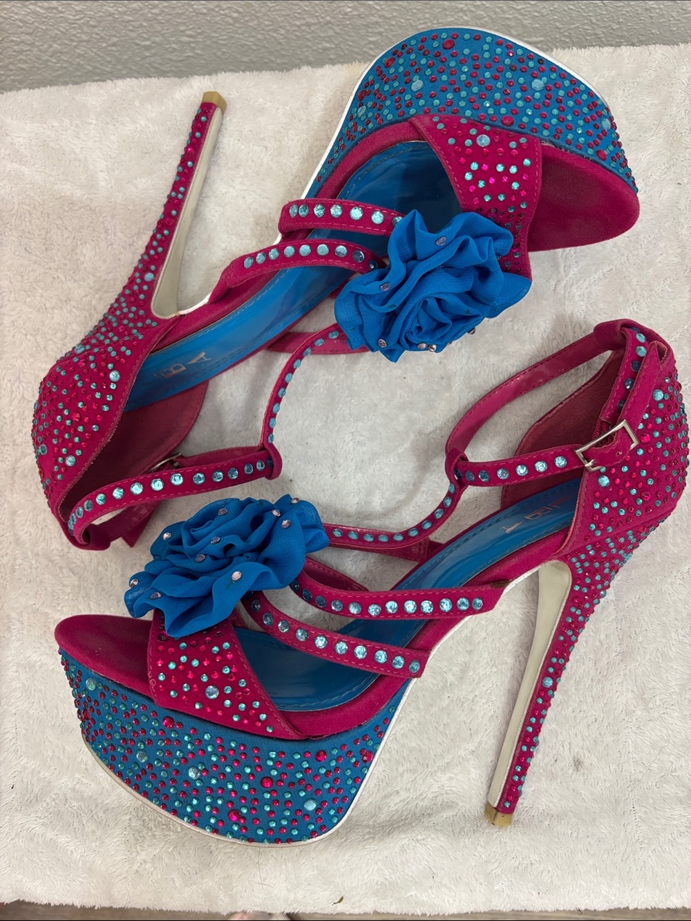 Alba Hot Pink & Blue Rhinestone Platform Heels Size 10 | 6” Stiletto Floral Glam - Picture 5 of 12